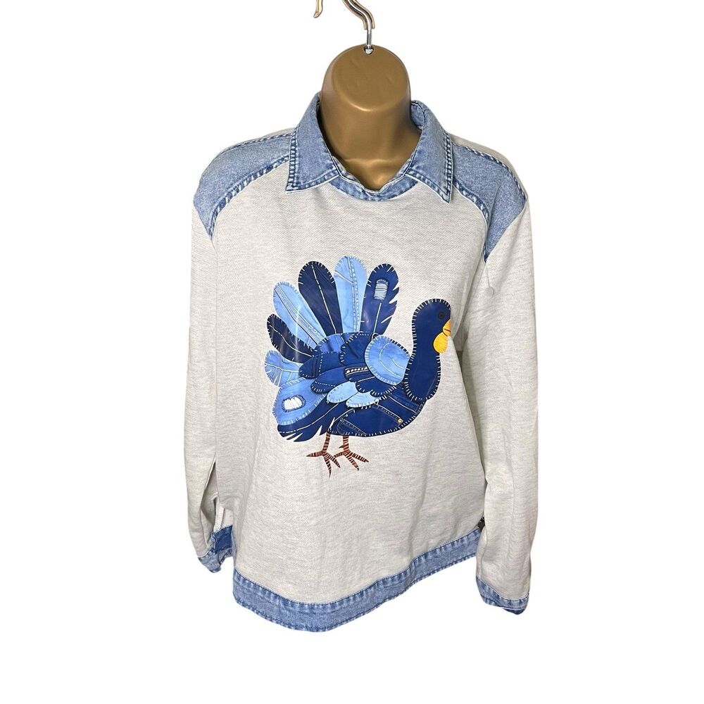 Upcycled Denim Look Turkey Graphic Sweatshirt Womens Large Folk Art Cottagecore